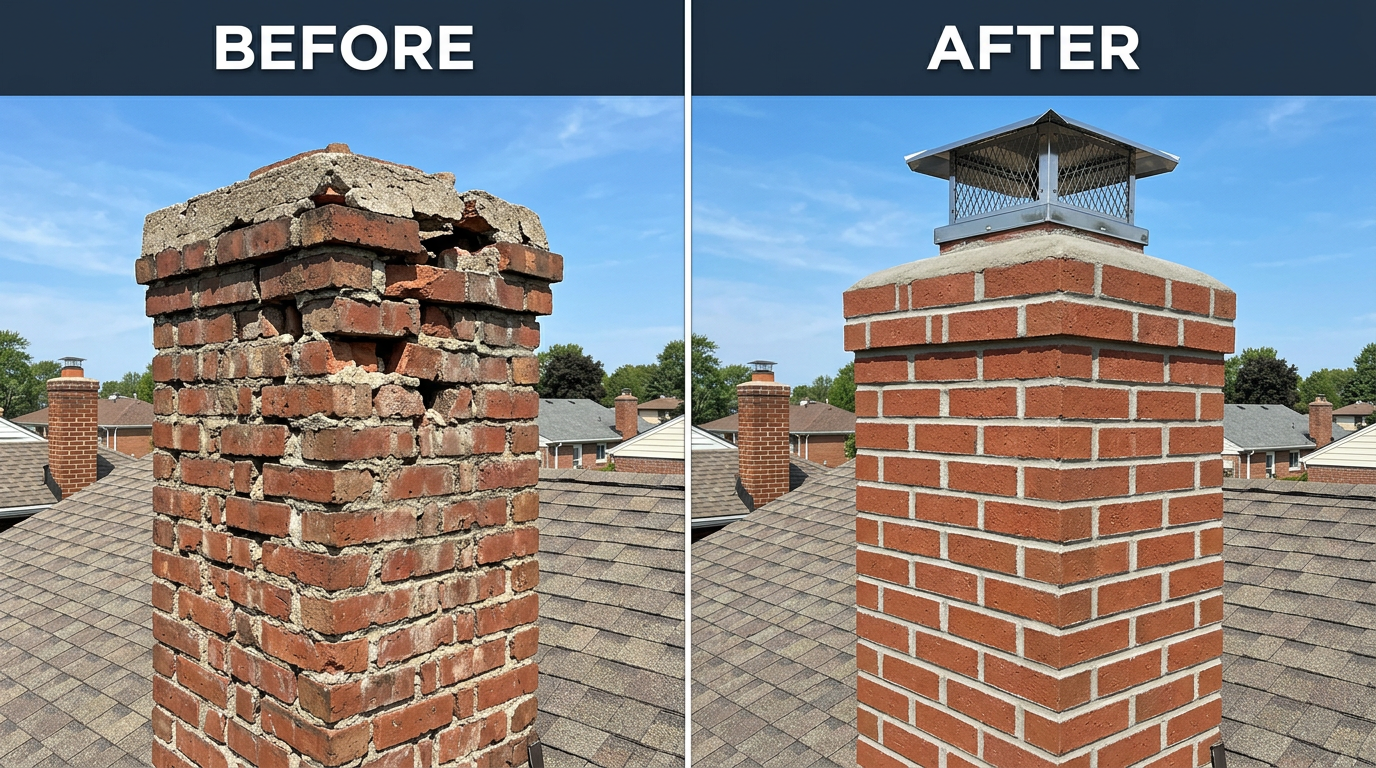 Before and after chimney masonry repair showing dramatic improvement